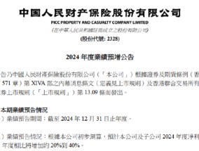 中国财险发布2024年度业绩预增公告 预期年度净利润同比增加约20%到40%