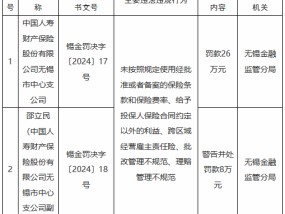 国寿财险无锡市中心支公司被罚26万元：未按照规定使用经批准或者备案的保险条款和保险费率等