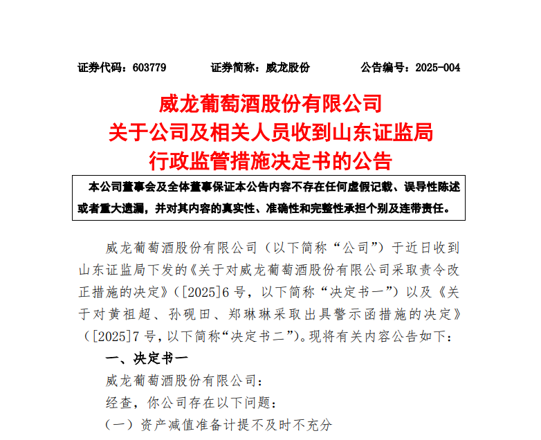 威龙股份被责令改正，时任董事长黄祖超、总经理孙砚田被出具警示函